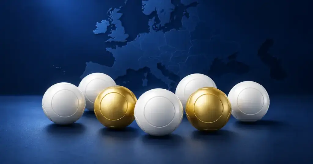 Viisi valkoista ja kaksi kultaista lottopalloa tummansinisellä alustalla Euroopan kartan edessä.