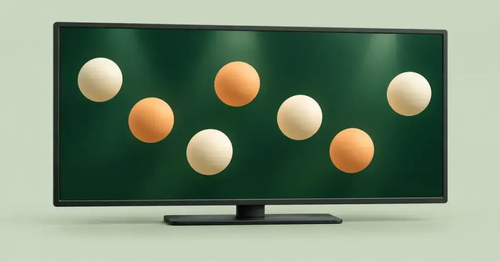 Television ruudulla näkyy seitsemän vaaleaa ja aprikoosinväristä lottopalloa tummanvihreällä taustalla.